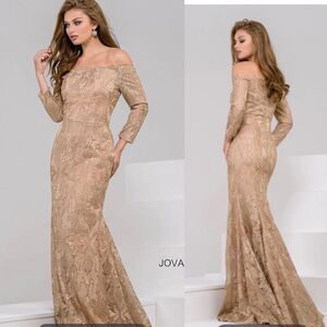 NEW JOVANI 40845B gold off shoulder brocade maxi gown evening dress 16
